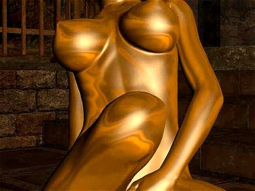 Girl rides golden dildo statue